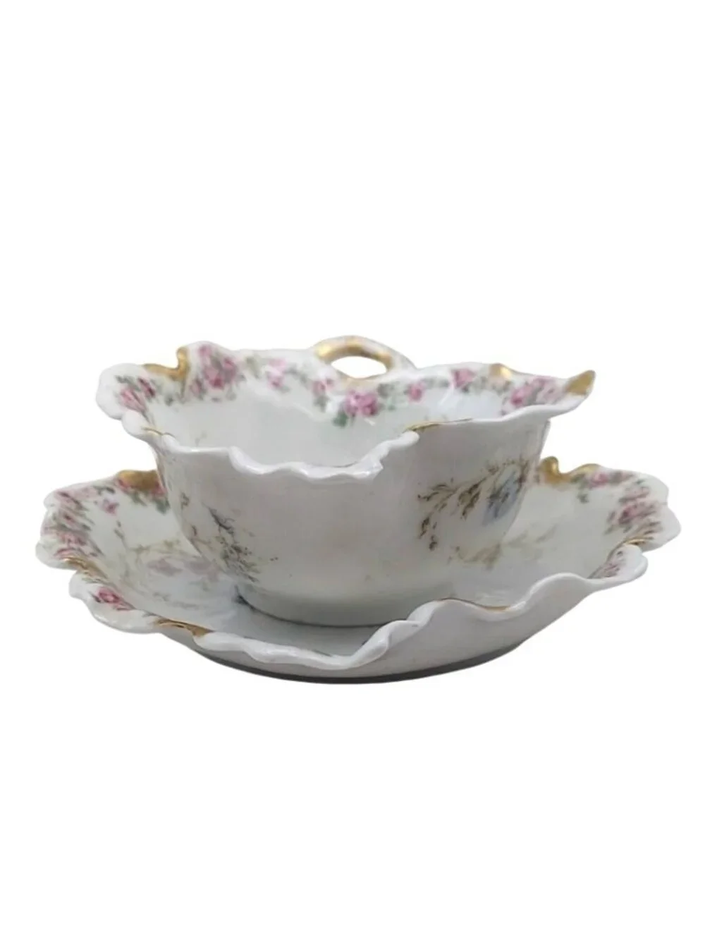 Antique Haviland Porcelain Floral Gravy Boat with Underplate Set Limoges France